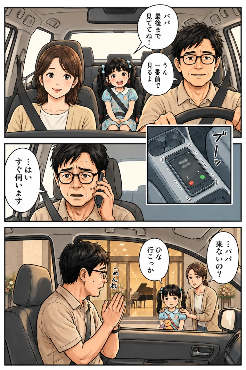 漫画 日曜の朝 発表会に向かう車で仕事の電話